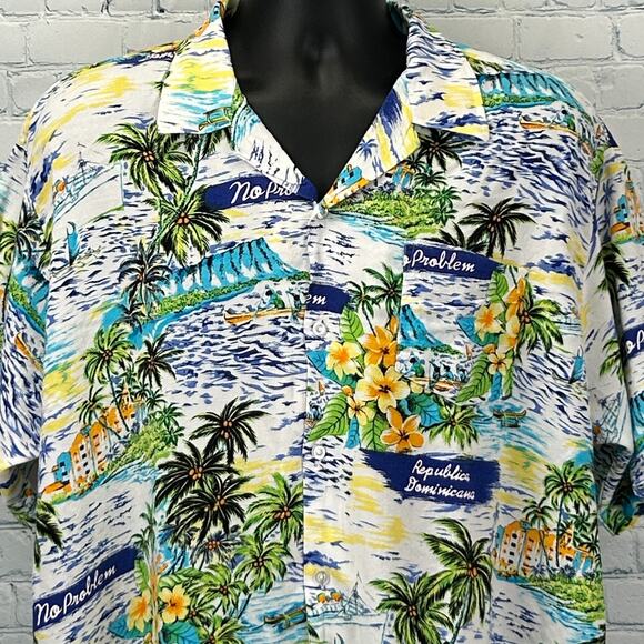 No Problem Dominican Republic Hawaiian Camp Shirt Tropical White Mens XL X-Large - Picture 1 of 5
